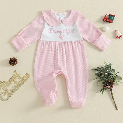 Newborn Baby Girl Footed Romper Onesie Little Sister Embroidery Fall Clothes Coming Home Outfit Vintage Jumpsuit
