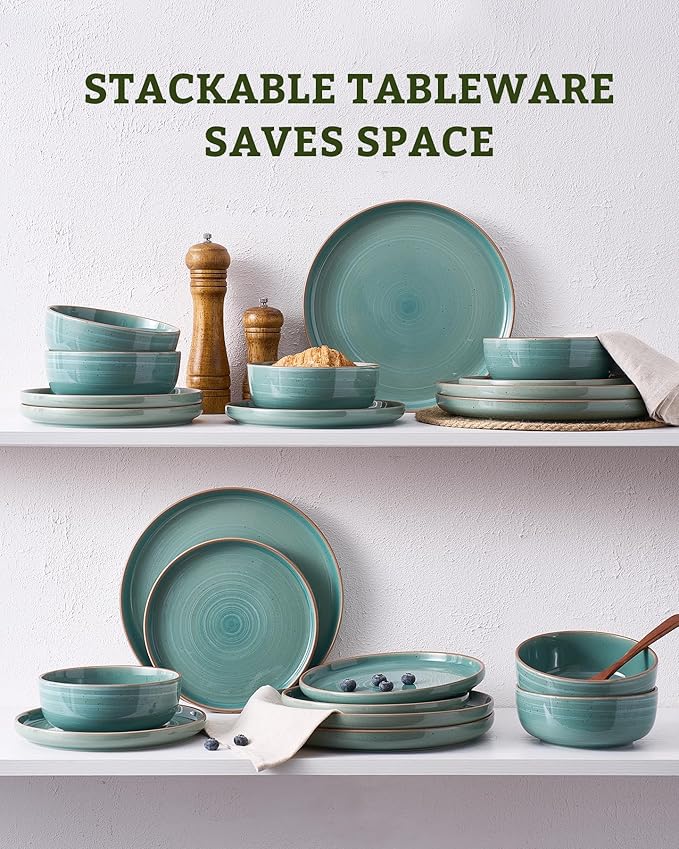 Famiware Meteor Plates and Bowls Sets for 4, 12 Pieces Dinnerware Sets, Microwave and Dishwasher Safe Dishes Set, Peacock Green