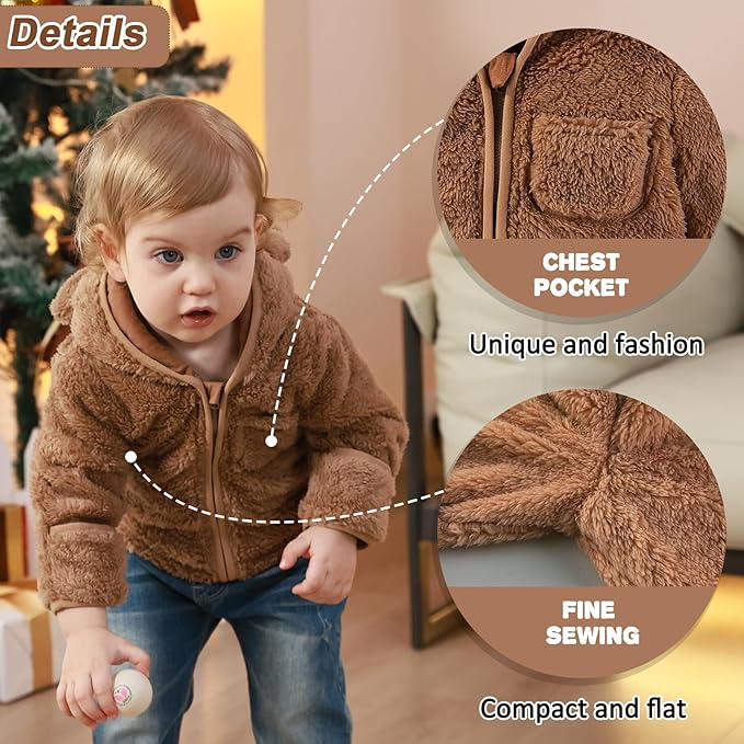Baby Infant Boys Girls Winter Coat with Fold-Over Mittens Fleece Outwear Jacket Warm Clothes Bear Hooded