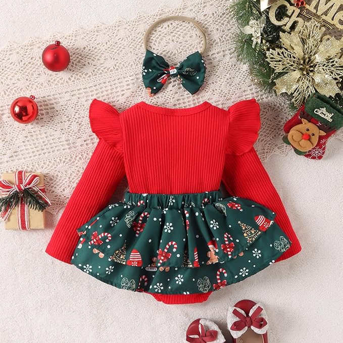 Newborn Christmas Outfit Baby Girl Plaid Romper Dress Infant Ruffle Long Sleeve Ribbed Bodysuit Headband Clothes