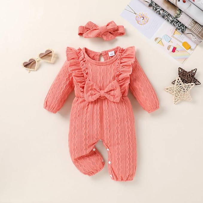 Happy Town Baby Girl Romper Infant Fall Winter Clothes Ruffle Sweater Long Sleeve Bodysuit Jumpsuit and Headband