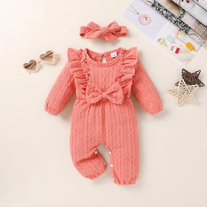 Happy Town Baby Girl Romper Infant Fall Winter Clothes Ruffle Sweater Long Sleeve Bodysuit Jumpsuit and Headband