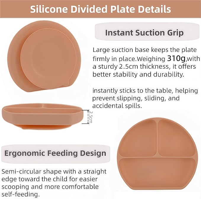 Personalized Name Food Grade 6pcs Baby Feeding Set with Spoon, Fork,Silicone Suction Bowls,Cup,Plate,and bib BPA Free - First Stage Self Feed (Color Modern Terracotta Y27)