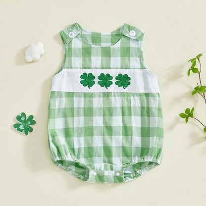 Sasaerucure Newborn Infant Baby Boy St Patricks Day Outfit Clover Onesie Green Plaid Romper One Piece Sleeveless Bodysuit