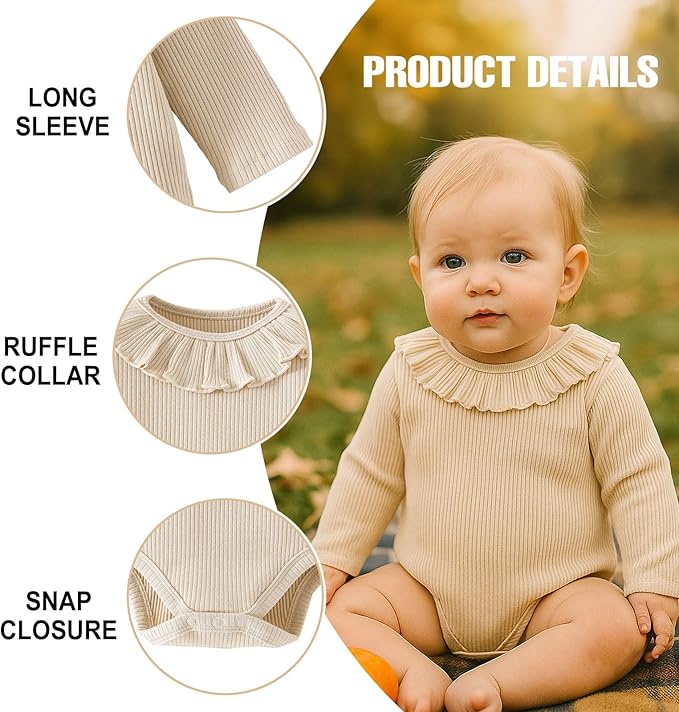 ROMPERINBOX Baby Girl Bodysuit 2 Pack, Long Sleeve Ribbed Knitted Onsies Ruffle Collar and Flutter Sleeve Fall Winter Clothes