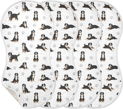 4 Pack Muslin Burp Cloths Bernedoodle Dogs White Cotton Baby Burp Cloths Ultra Absorbent and Soft Burping Cloth for Newborn Must Haves 22x11 Inch