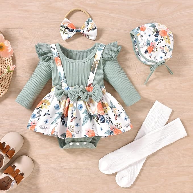 Unutiylo Preemie Newborn Baby Girl Clothes Romper Suspender Dress Fall Winter Outfits Ruffle Long Sleeve Jumpsuit
