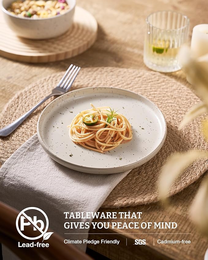 Famiware Meteor Stoneware Dinnerware Sets with Pasta Bowls, Service for 4 (16 Pieces), Plates and Bowls Sets, Microwave and Dishwasher Safe Dishes Set, Creamy White