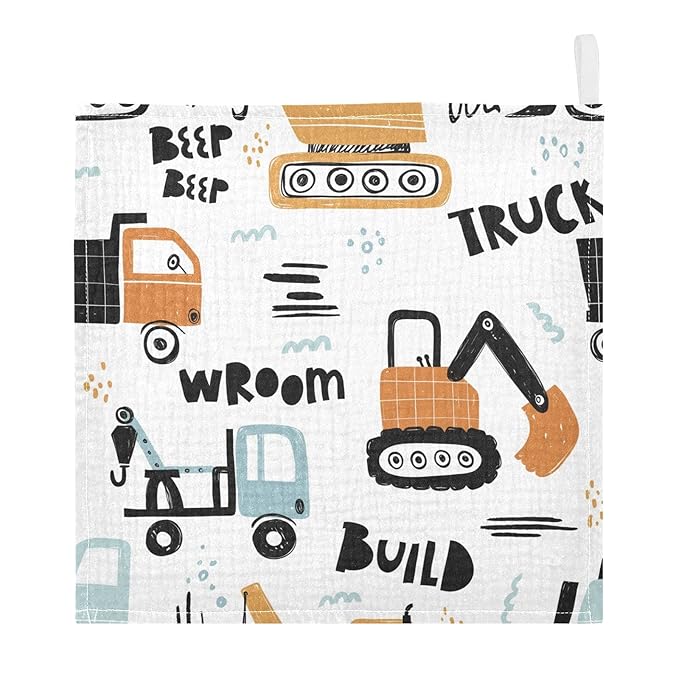 vvfelixl Baby Muslin Washcloths, Building Equipment Construction Transpor Baby Burp Cloths, Cotton Baby Face Towel for Newborn Infants Boys Girls Soft and Absorbent 11.8 X 11.8 in, 3 Pack