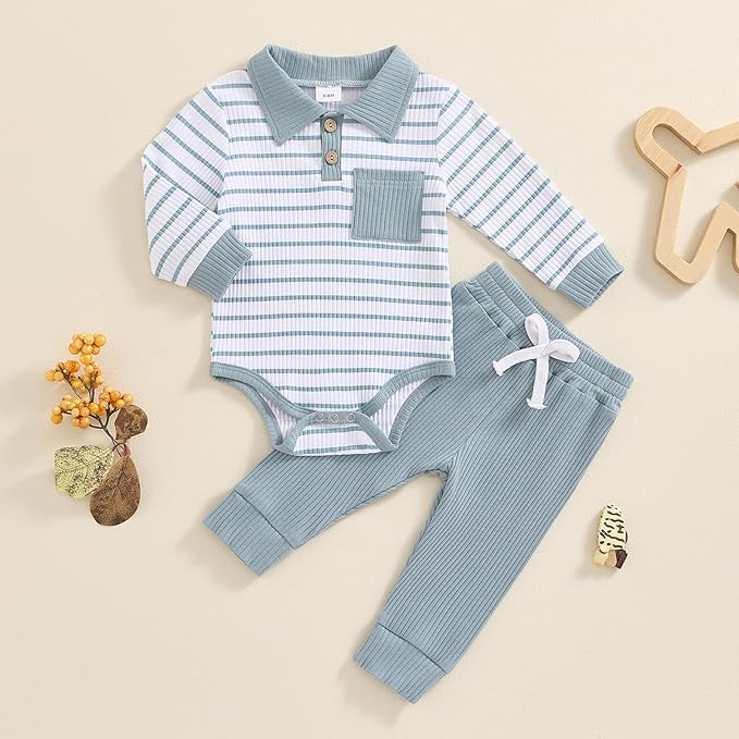 Newborn Baby Boy Girl Clothes Ribbed Knitted Long Sleeve Romper Pants Solid Cotton Infant Fall Winter Outfits 2Pcs