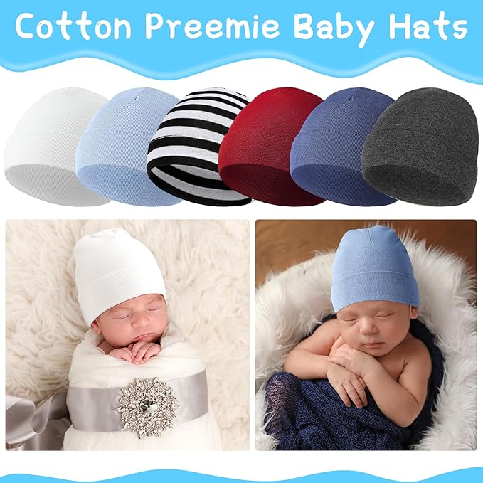Newcotte 6 Pcs Preemie Baby Hats Cotton Preemie Caps Warm Newborn Beanie Premature Hat for Nicu Premature Boy Girl