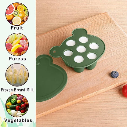 Baby Fruit Food Feeder Breastmilk Popsicle Molds for Teething Relief - 3 Pack Feeding Sets -1 Freezer Tray with Lid & 1 Teether & 1 Silicone Pacifier + 3 Extra Sizes Infant Feed Mesh (Olive Green)