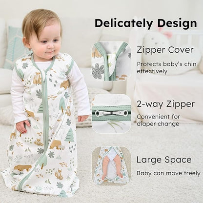 Baby Sleep Sack 0-6 months, 100% Cotton Sleeping Sack for Newborn and Infant, 3 Pack Baby Wearable Blanket, 0.5 Tog Lightweight Double Zipper Sleep Bag Small Green Forest Bear