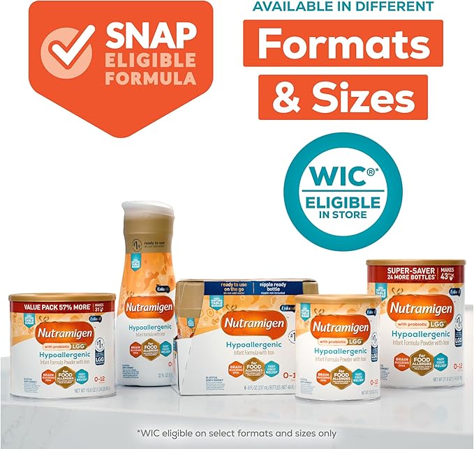 Enfamil Nutramigen Hypoallergenic Baby Formula with Iron, Lactose Free, Colic Relief from Cow's Milk Allergy Starts in 24 Hours, Brain Building DHA, Probiotic LGG for Immune Support, 27.8 Oz, 4 Count