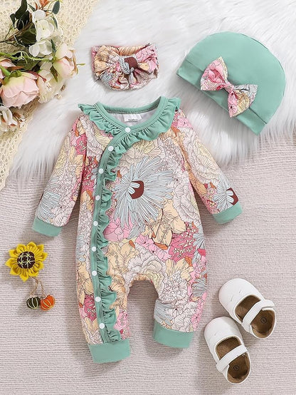 Newborn Baby Girl Clothes Infant Floral Print One-Piece Romper+Jumpsuit+Bodysuit+Hat+Headband