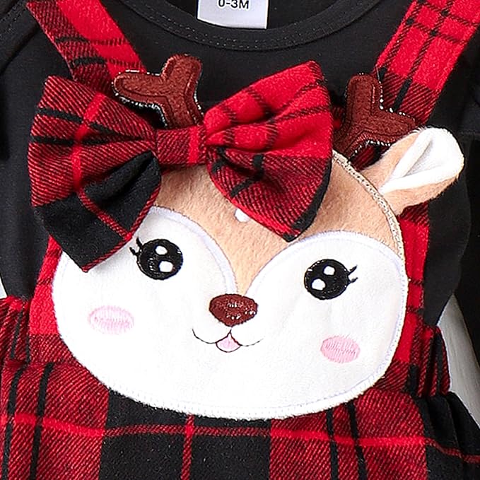 Hnyenmcko Newborn Baby Girl Christmas Clothes Infant Red Plaid Romper Dress Ruffle Long Sleeve Ribbed Bodysuit Headband Set