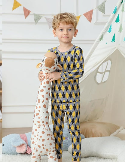 JunNeng Bamboo Viscose Pajamas for Toddler Boys, Baby Kids Diamond Pajamas Snug Fit Long Sleeve Sleeper
