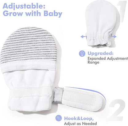 HAPIU Baby No Scratch Mittens Stay On, 100% Cotton Breathable, Adjustable Infant Gloves for Boys Girls, Newborn - 12 M