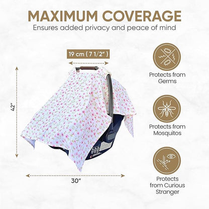 MOZAH Baby Car Seat Cover - Pink Floral Leaves - 100% Organic Muslin - Soft, Breathable and Lightweight, Baby Infant Car Seat Essentials