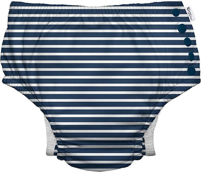 i play. by green sprouts Reusable, Eco Snap Swim Diaper with Gussets, UPF 50, 12 mo, Navy Stripes, Patented Design, STANDARD 100 by OEKO-TEX Certified