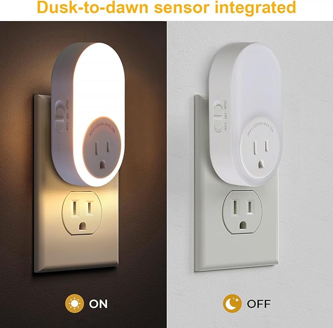 Dawnrise Night Lights Plug Into Wall,Dusk to Dawn Sensor Night Light with Power Outlet,CCT 2200K/4000K,5/20LM Adjustable Brightness for Bedroom,Kitchen,Living Room,Office (4 PK)