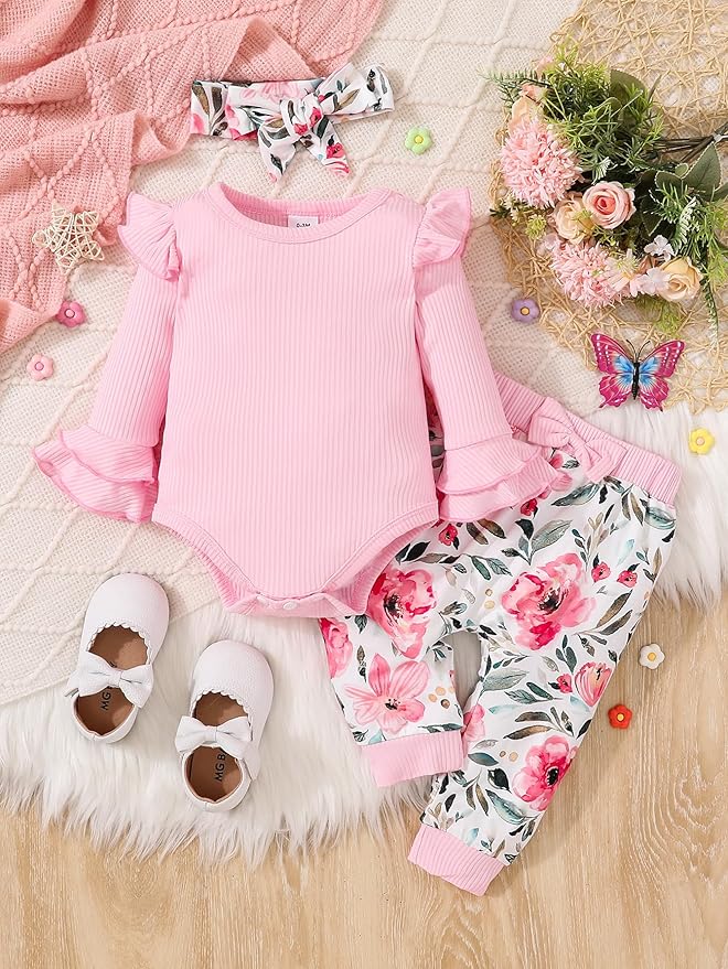 Baby Girl Clothes Newborn Infant Outfits Cute Summer Clothes Spring Romper Set+Hat+Headband
