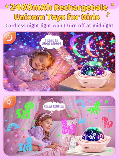 PIKOY Unicorn Room Decor for Girls Bedroom, 96 Lights+6 Films Unicorn Night Light for Girls Room Decor, Princess+Mermaid+Butterfly Lamp, 360° Rotation+Cordless 3-6 Year Old Girl Birthday Gift Ideas