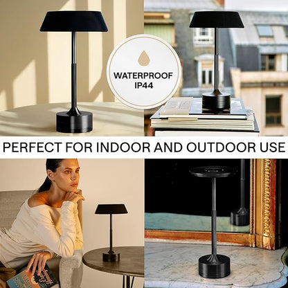 LED Cordless Table Lamp - Rechargeable Light for Home, Bedside, Kitchen - Small Dimmable Tap Lights - Battery Powered Touch Lamp for Desk Wireless - Black and Gold Lamp Shades, IP44, USB Type C Cable