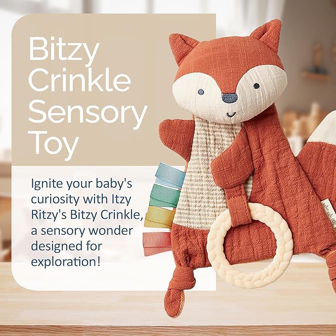 Itzy Ritzy - Bitzy Crinkle Sensory Toy for Babies & Toddlers — Features Crinkle Sound, Soft Braided Teething Toy Ring & Textured Ribbons — Gender Neutral Baby Item for Ages 0 Months & Up, Fox