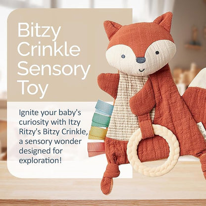Itzy Ritzy - Bitzy Crinkle Sensory Toy for Babies & Toddlers — Features Crinkle Sound, Soft Braided Teething Toy Ring & Textured Ribbons — Gender Neutral Baby Item for Ages 0 Months & Up, Fox