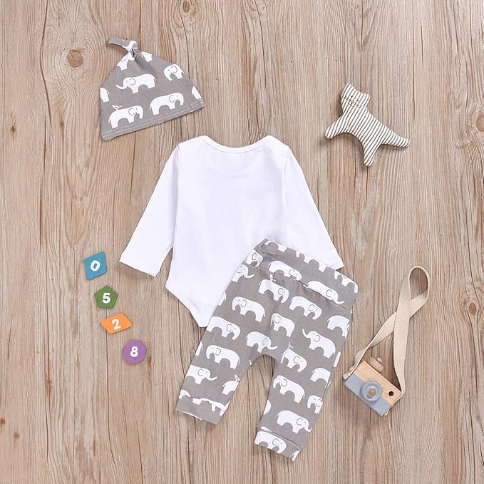 Newborn Infant Baby Boys Clothes Set Romper Bodysuit Pants Hat 3Pcs Outfits