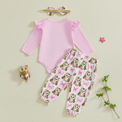 Newborn Baby Girl Clothes Owl Ruffle Long Sleeve Romper Onesie and Casual Pants Winter Spring Outfit Clothing Set