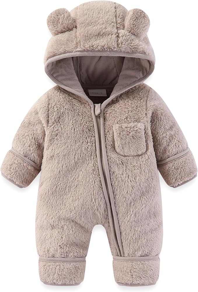 Newborn Baby Bear Outfit With Fold-Over Mittens and Footies Girls Boys Winter Fleece Clothes Hooded Romper Snowsuit