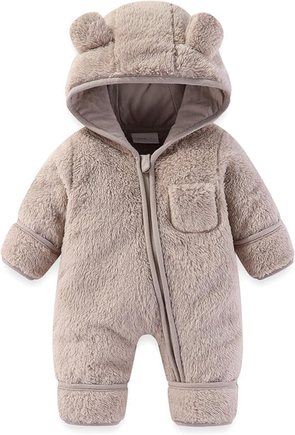 Newborn Baby Bear Outfit With Fold-Over Mittens and Footies Girls Boys Winter Fleece Clothes Hooded Romper Snowsuit
