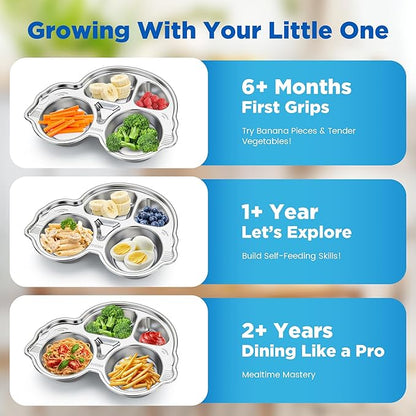 Stainless Steel Baby Suction Plates: Divided Plates Designed for Babies and Toddlers, Made of 100% Food-Grade Materials Ideal for Baby-Led Weaning BPA-Free Toddler Feeding Dishwasher Safe Gray