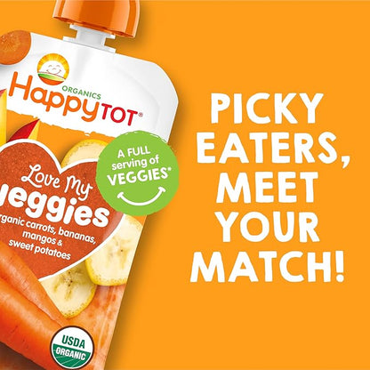 HAPPYTOT Organics Stage 4 Baby Food Pouches, Gluten Free, Vegan Snack, Love My Veggies, Fruit & Veggie Puree, Carrot, Banana, Mango & Sweet Potato, 4.22 Ounce (Pack of 16)