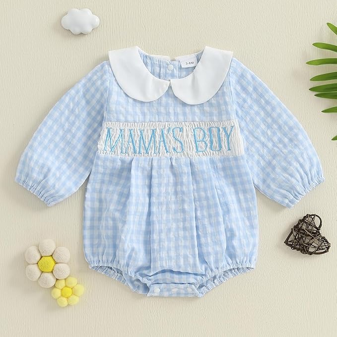 Newborn Baby Boy Fall Winter Clothes Mamas Boy Bubble Romper Smocked Outfit Infant Bodysuit Long Sleeve Onesie