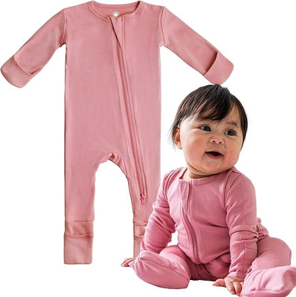 Dreamland Baby Bamboo Viscose Baby Pajamas (0-9 months). Ultra Soft Viscose Sleepers with 2-Way Zipper, Mitten & Foot Cuffs