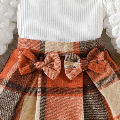 Toddler Baby Girl Plaid Dress Puff Sleeve Bow Patchwork Ribbed Shirts Dress Plaid Fall Winter Outfits with Headband