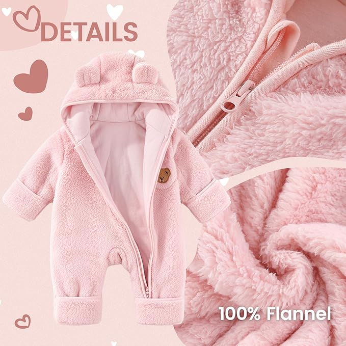 JiAmy Baby Snowsuit Newborn Fleece Winter Clothes With Flod-Over Zipper Baby Bear Hooded Thick Outfits