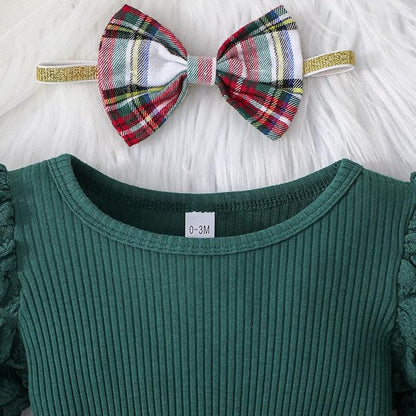 Toddler Baby Girl Plaid Dress Puff Sleeve Bow Patchwork Ribbed Shirts Dress Plaid Fall Winter Outfits with Headband