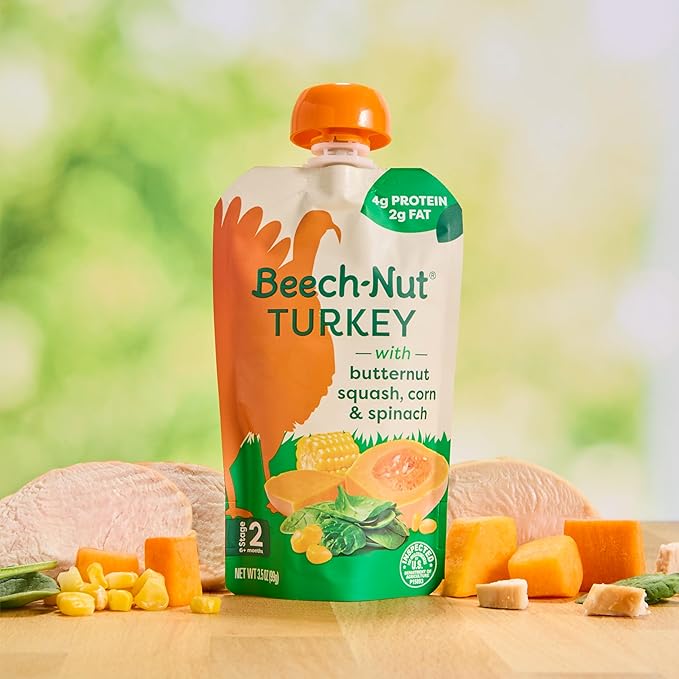Beech-Nut Turkey Baby Food Pouches with 4g of Protein, Turkey Butternut Squash Corn & Spinach, Baby Puree Meat Baby Food Pouch, Stage 2, 3.5 oz Pouch (12 Pack)