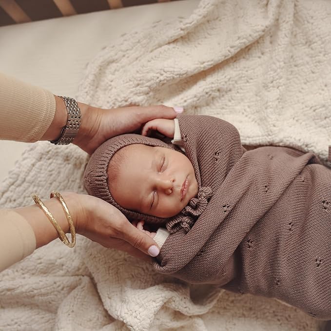 Organic Pointelle Baby Blanket + Hat Gift Set for Boys & Girls - 100% Soft Luxury Cotton Swaddle Blanket + Bonnett Registry for Newborns & Infants (Oatmeal + Hat)