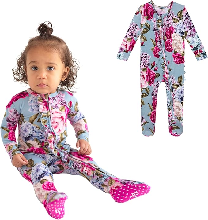 Posh Peanut Footie Pajamas for Baby Girls – Sleepers in Viscose from Bamboo with 2-Way Zipper & Ruffle Trim