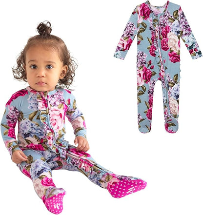Posh Peanut Footie Pajamas for Baby Girls – Sleepers in Viscose from Bamboo with 2-Way Zipper & Ruffle Trim