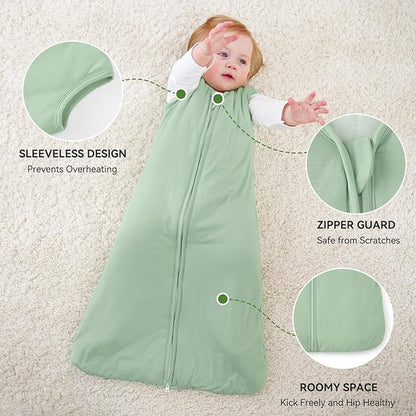 Rayon Made From Bamboo Baby Sleep Sack, SuperSoft 6-12 Months 1.0 Tog Baby Wearable Blanket, Sleeping Sack for Toddler Infant with 2-Way Zipper, Lightweight & Roomy，Green