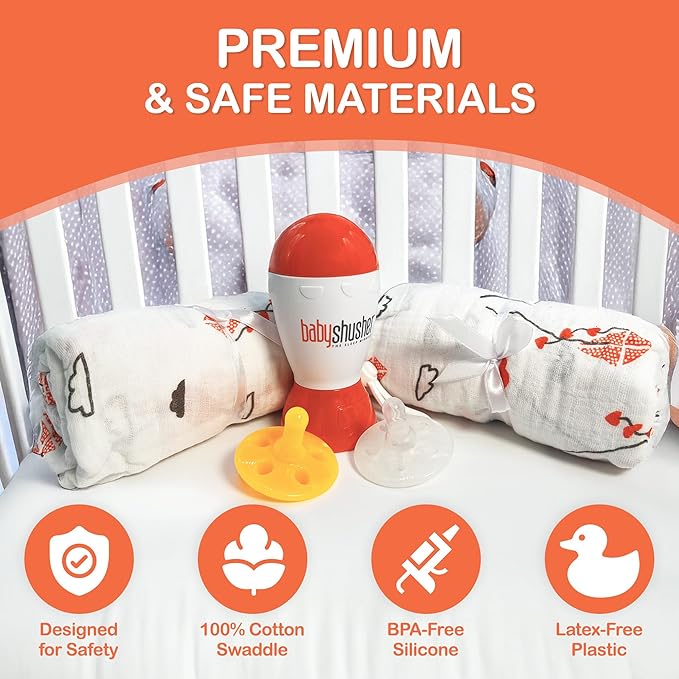 Baby Shusher Gift Set - Includes Portable White Noise Sound Machine, 2 Shushie Pacifiers, and 2 Cotton Swaddles, Travel Friendly Baby Soother for Developing Sleep Routines