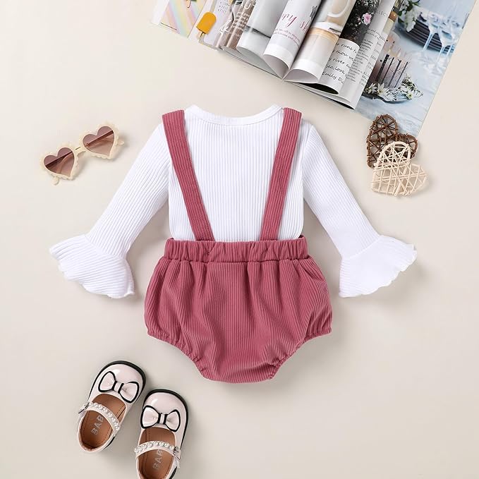 Tiny Cutey Newborn Baby Girl Clothes Bell Sleeve Romper and Corduroy Overalls Shorts Infant Girl Fall Outfits