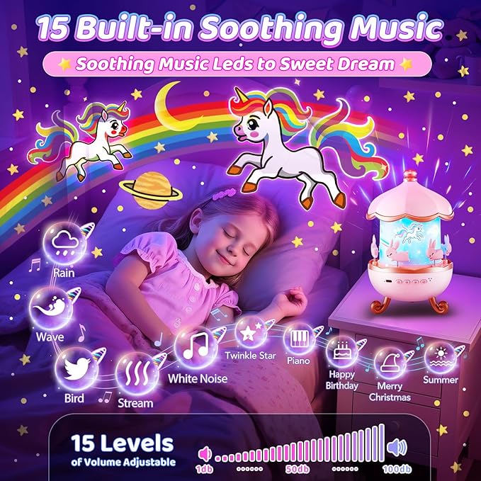 Onefire Night Light for Kids Gifts, 15 Sound Machine Baby Night Light, 15 Films Star Projector for Kids Room Decor, Brightness Unicorn Light Projector for Toddler Girl Toys, Valentines Gifts for Kids