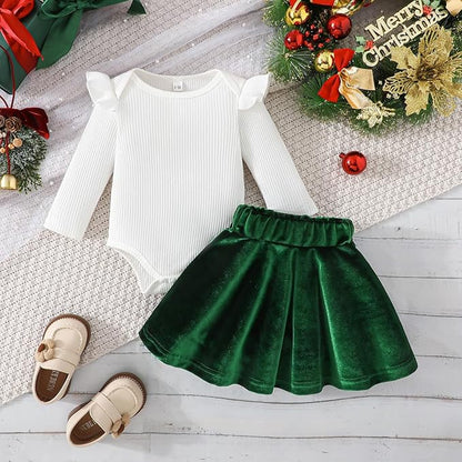 Baby Girls Christmas Outfit Long Sleeve Ruffled Romper+Green Red Velvet Tutu Skirt+Headband Xmas Dress
